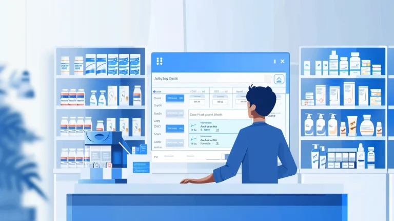 gerente de farmacias utilizando un software punto de venta para analizar tendencias históricas y planear inventarios