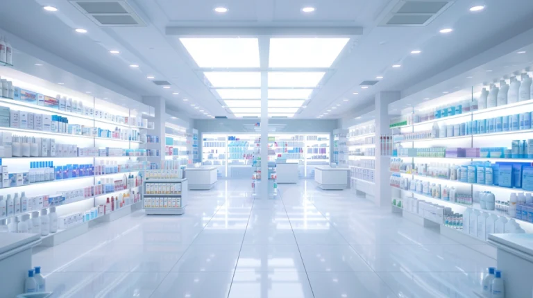 imagen dentro de una farmacia con estantes de productos en inventario a cada lado
