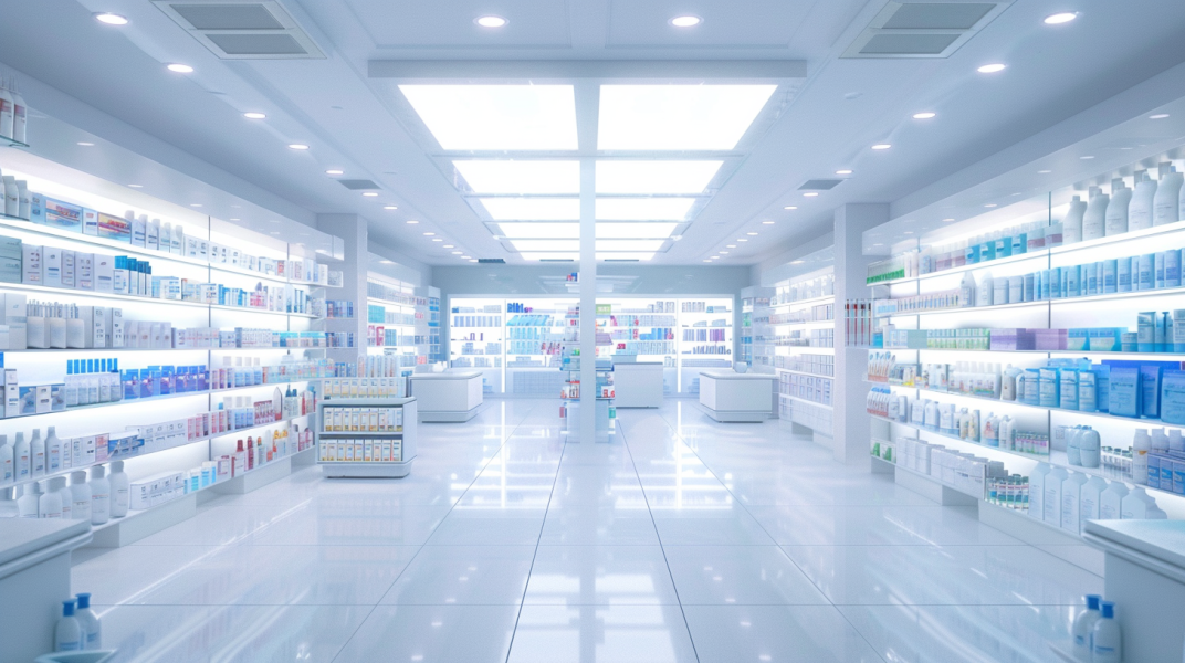 imagen dentro de una farmacia con estantes de productos en inventario a cada lado