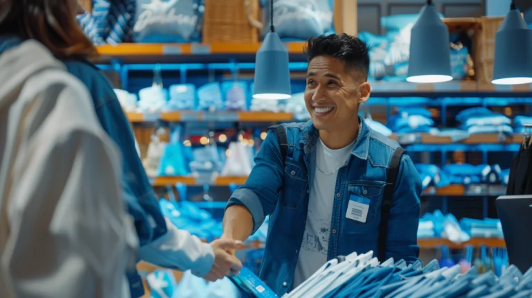 Un vendedor en una tienda retail de ropa asesorando a sus clientes