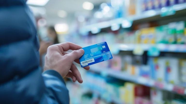Cliente dentro de una farmacia pagando con su tarjeta del plan de lealtad