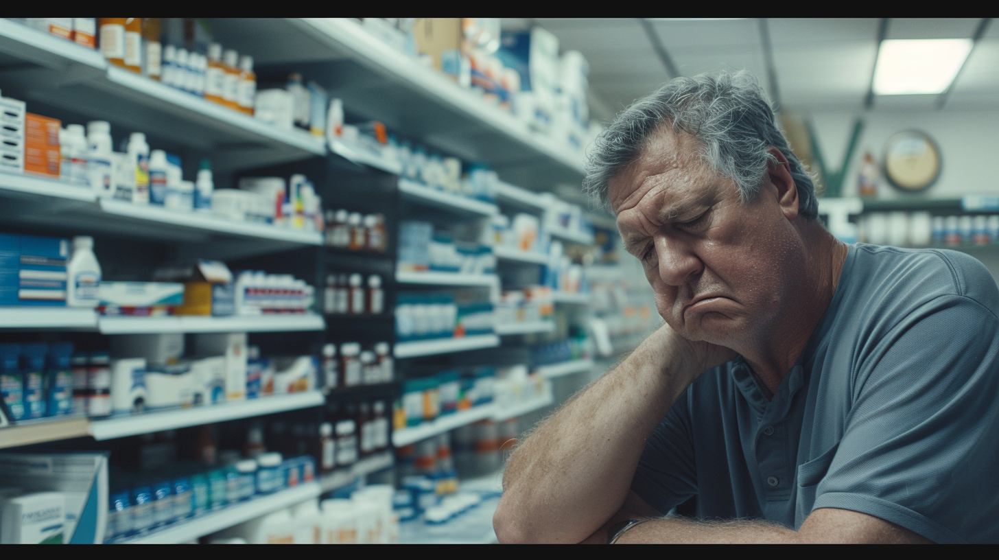 dueñoo de farmacia triste al saber que tiene pérdidas por expiración de medicamentos