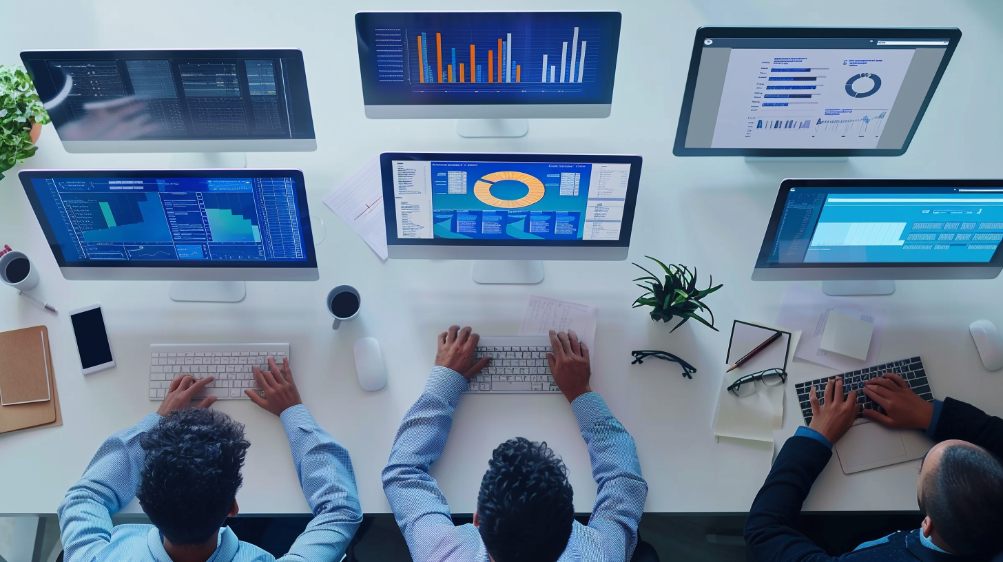 personas frente a sus computadoras utilizando un software erp para planear los recursos empresariales